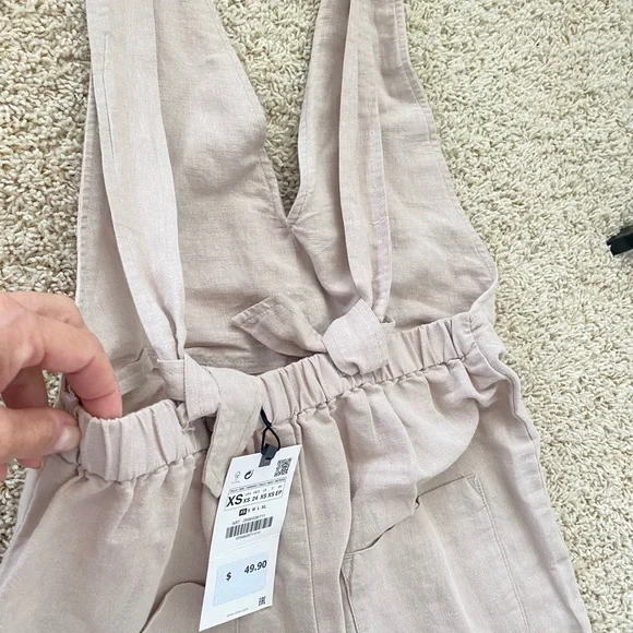 NWT ZARA Linen Cotton Beige cream Jumpsuit Pants Cut Out Xsmall Orig $50 - Picture 7 of 15